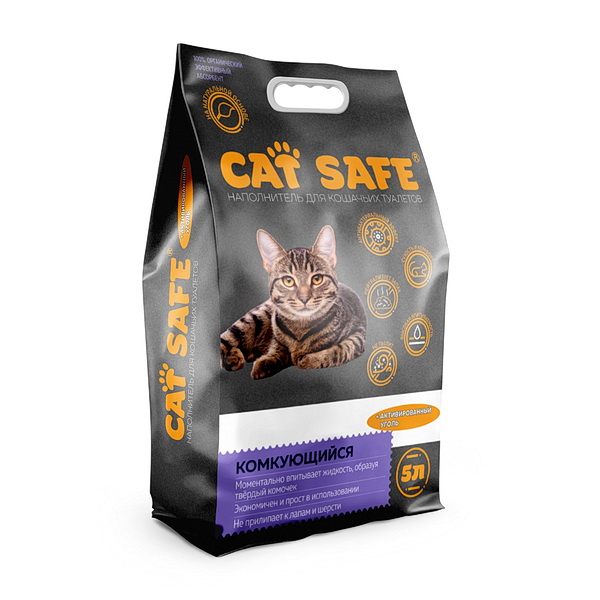 Наполнитель для кошачьего туалета CAT SAFE с углем, комкующийся, 5 л