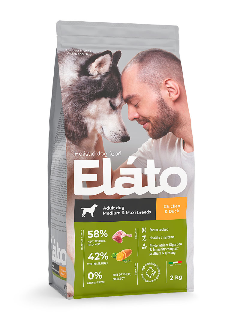 Корм д/взрослых собак средних и крупных пород Elato Holistic с курицей и уткой, 2кг