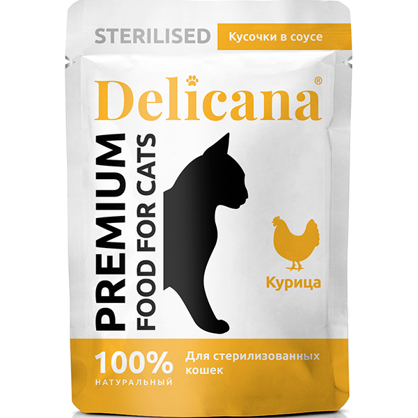 Корм влажный для кошек DELICANA стерилизованные, курица в соусе, 85 г
